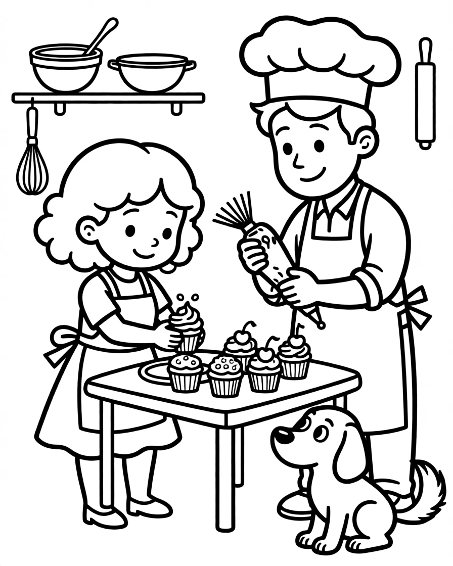 A curly-haired girl helping decorate cupcakes with a baker as a curious puppy watches.