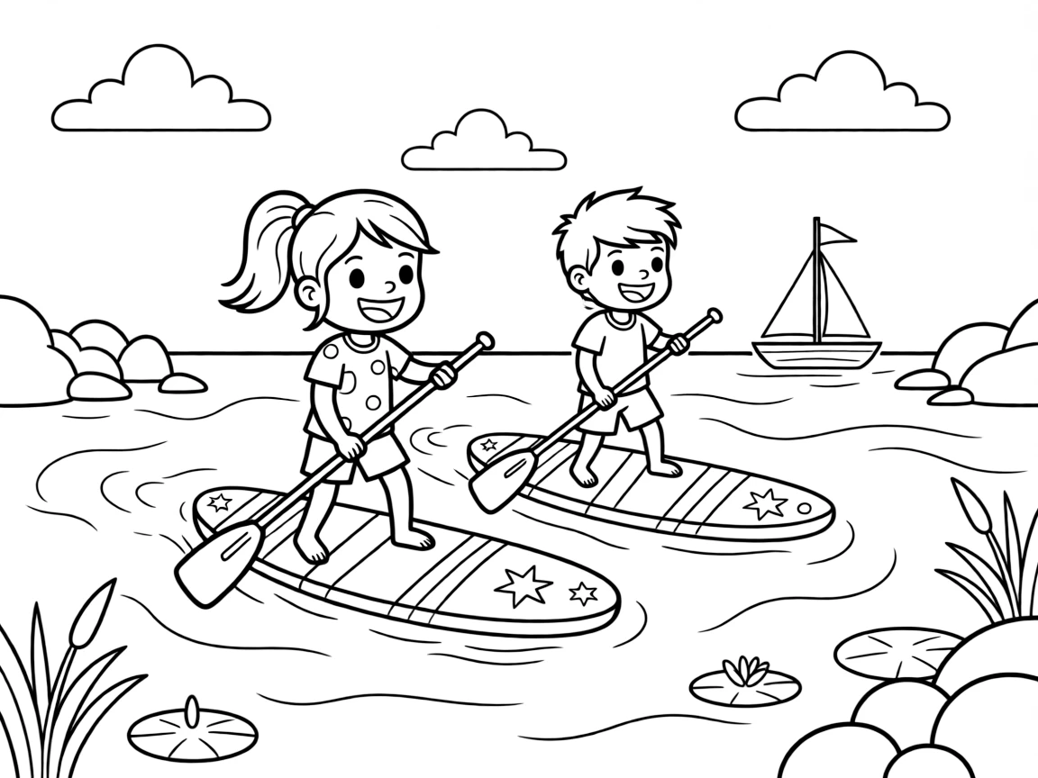 An energetic girl with a big smile, racing a friend across a calm bay on colorful paddleboards.
