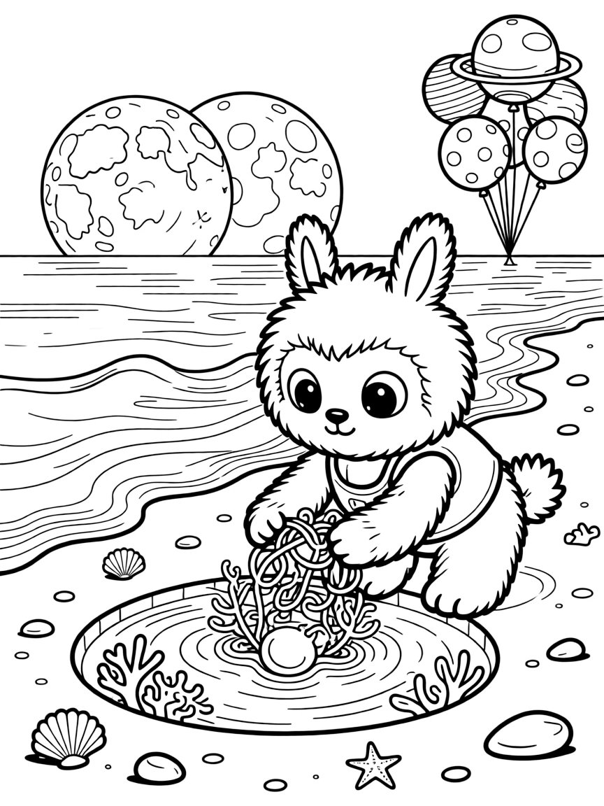 Fuzzby, a fluffy alien creature with big round eyes rescuing baby sea creatures caught in a gentle tide pool storm on an ocean planet in a beach on a red planet with waves of shimmering dust, as a pair of moons rising over the horizon and a cluster of balloons shaped like planets fill the scene.