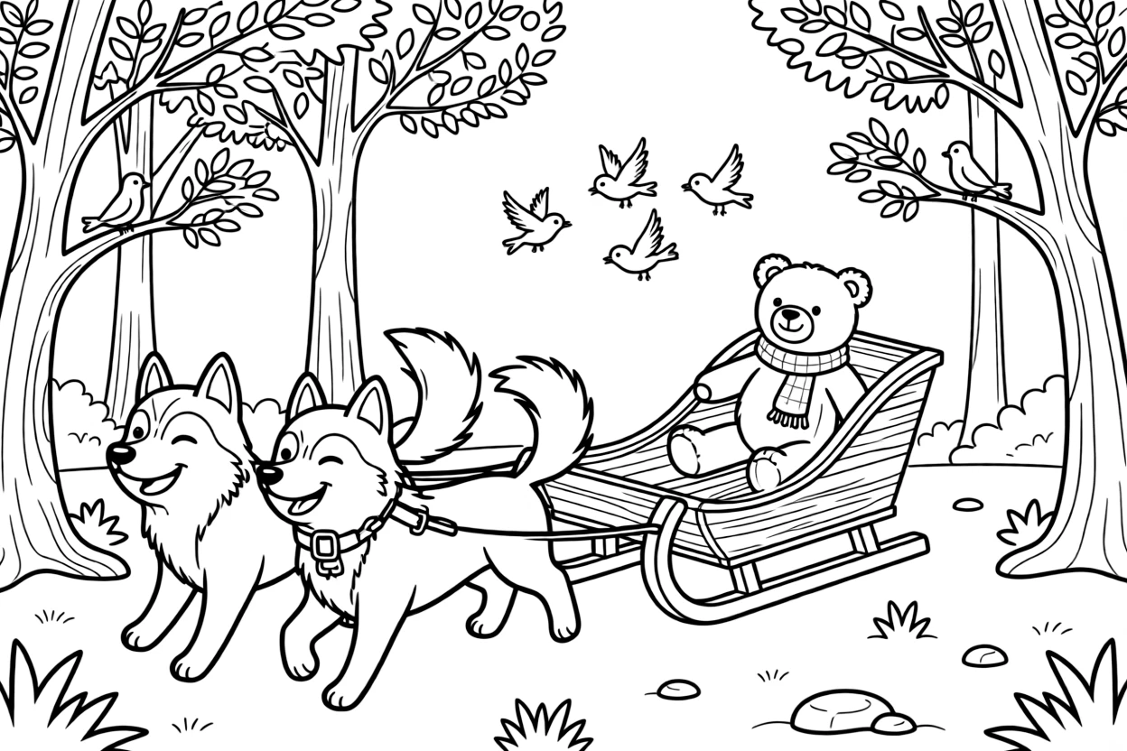 A wooden dog sled pulled by a happy team of huskies is shown journeying through a peaceful forest clearing filled with tall trees and birds, with a teddy bear buckled safely into the passenger seat close by and a flock of birds flying alongside in formation completing the lively scene.