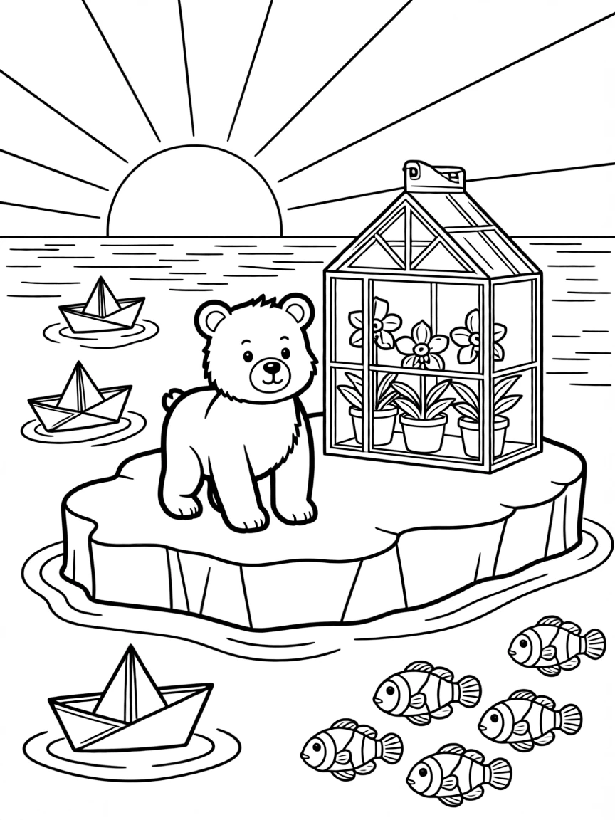 A bear cub on an iceberg in the arctic sea, floating paper boats down a stream with a school of clownfish, next to a orchid greenhouse, as the sun sets in soft colors.