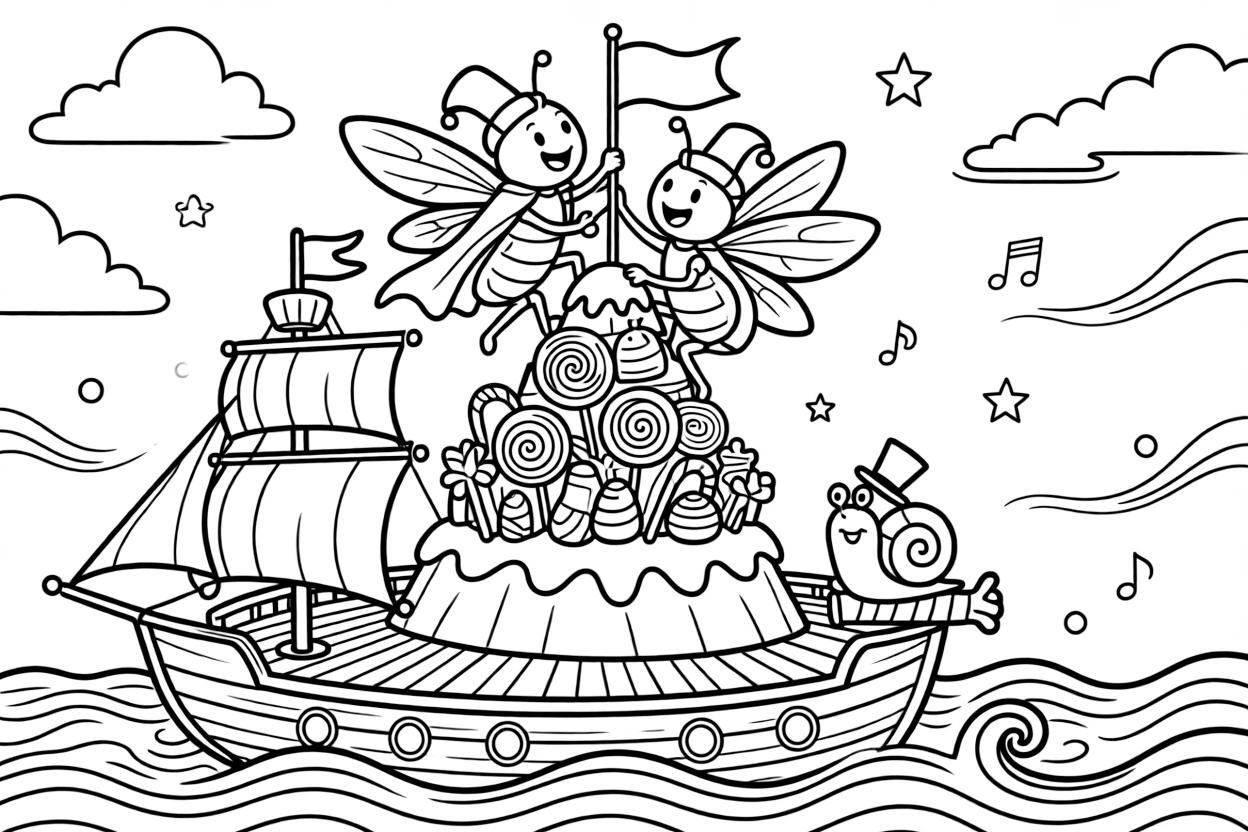 A silly fairy godmother beetle takes a break from adventures to try planting flags on top of a candy mountain summit on a pirate ship sailing through candy-colored waves, with a snail wearing a tiny top hat close behind. A gentle breeze carries the sound of joyful laughter.