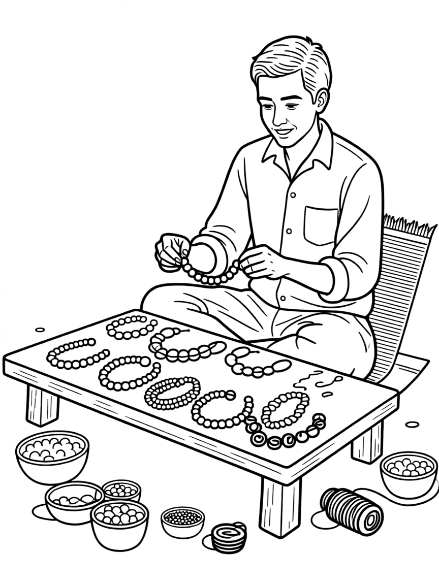 A coloring page showing a creative craft moment in Kenya: a craftsman stringing colorful beads into a wide necklace, with finished pieces displayed proudly on a nearby table.