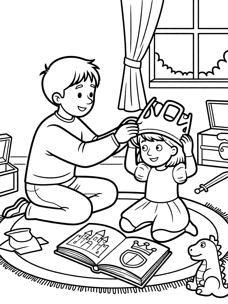 a gentle older brother and his little sister tries on a knight's paper helmet while reading about castles and kings.