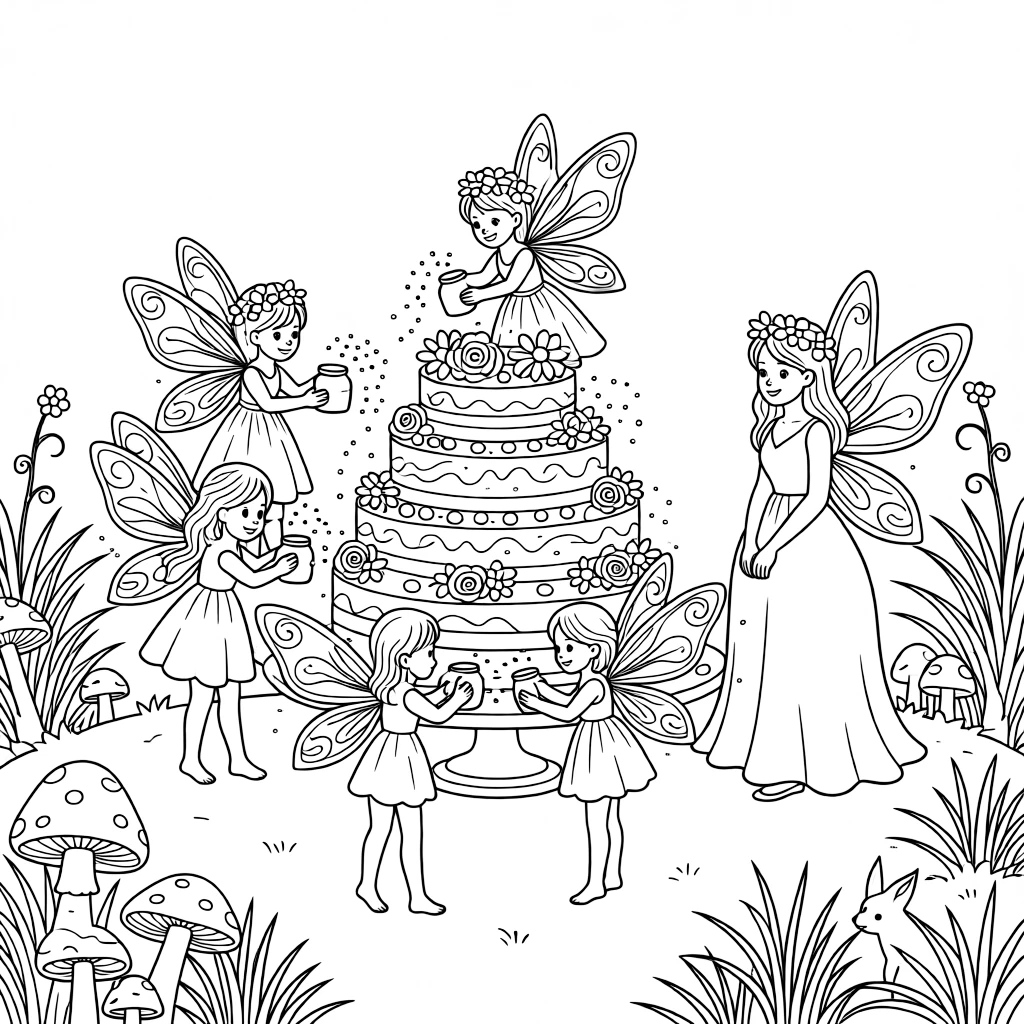A group of pixies decorate a birthday cake for the forest queen with edible flowers and shimmering sugar dust.