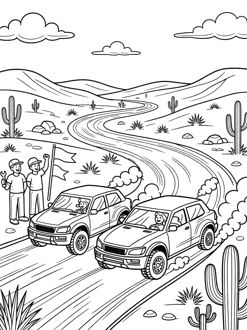 [Race Cars] a rugged rally car racing neck-and-neck with a rival car through a desert rally course, cheering with both fists raised, while a pit crew waves tools near the track fills the surrounding area. Exhaust pipes puff small clouds of smoke. Set just after a rainstorm, with fluffy clouds drifting overhead, the page bursts with adventure and imagination.