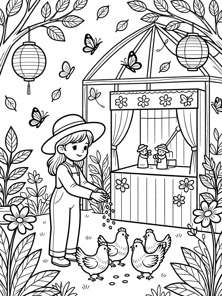 A girl farmer scattering seed for the chickens is putting on a puppet show behind a cardboard stage in a butterfly conservatory full of fluttering wings. Close by, paper lanterns hanging from low branches and swirling autumn leaves in every color make the setting feel extra special.
