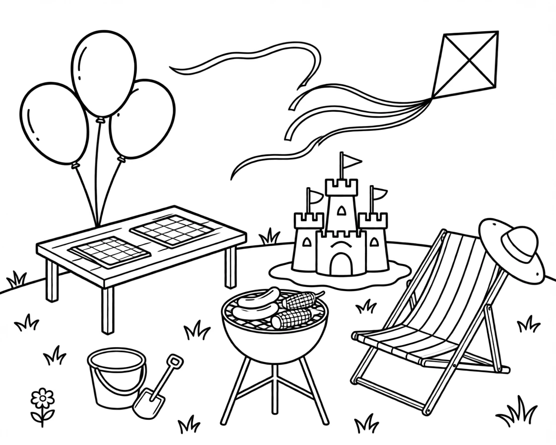 A close-up of a neighborhood barbecue with balloons and streamers on a grassy hill perfect for flying kites, surrounded by a bucket and shovel by a sandcastle and a sunhat resting on a beach chair.