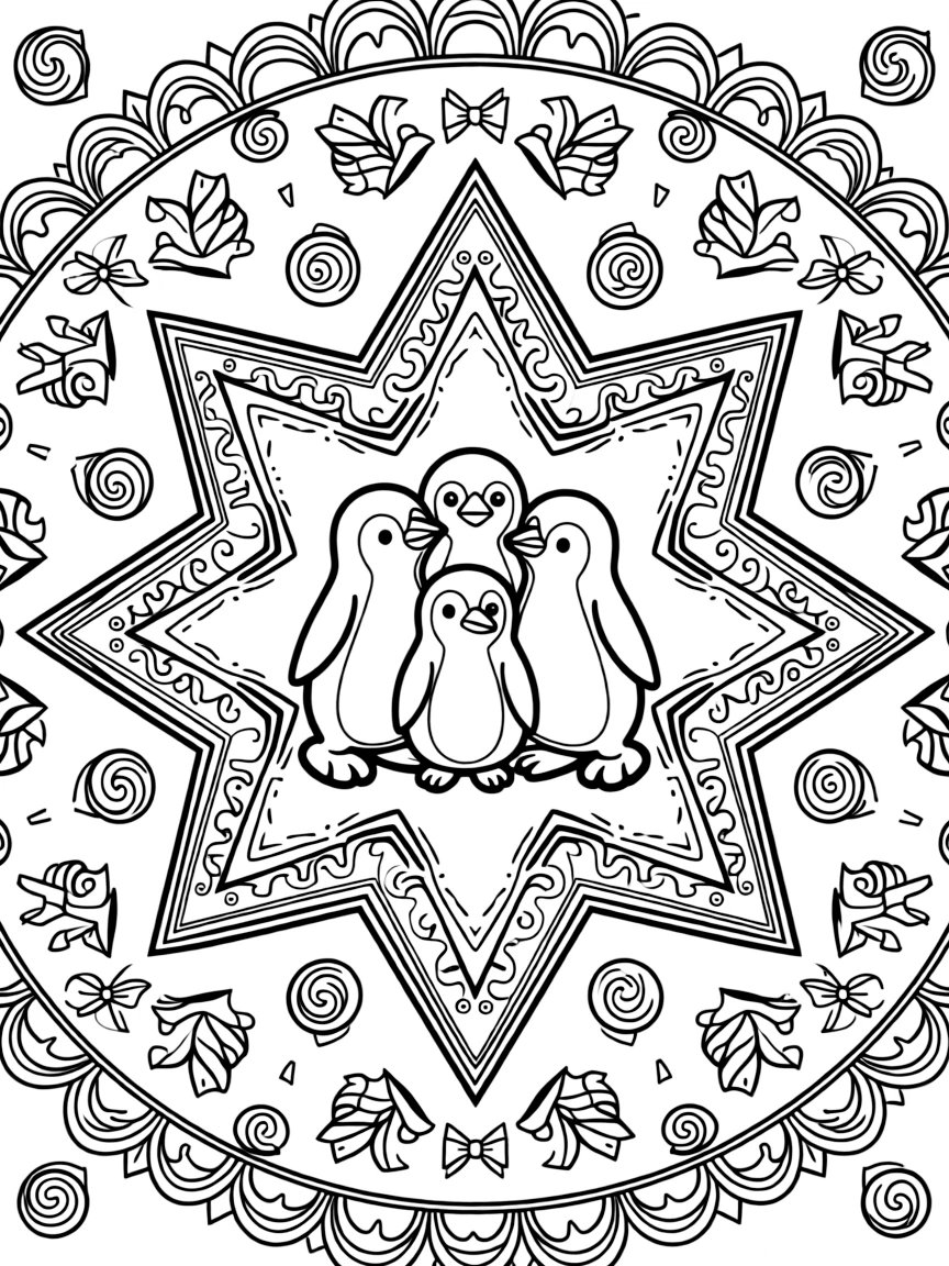 Arctic & Polar Animals: The main subject is a penguin family standing in a huddle, drawn as the focal point of an eight-point star mandala framing the design. It is placed at the very center of the page, with the surrounding rings growing larger and more detailed toward the outer edge. Decorative details fill the surrounding space, including delicate lace-edged fringes, loops shaped like small bows, and tightly coiled spiral shells woven throughout the background. A playful extra touch completes the page: a few tiny musical notes drifting near one corner of the page.
