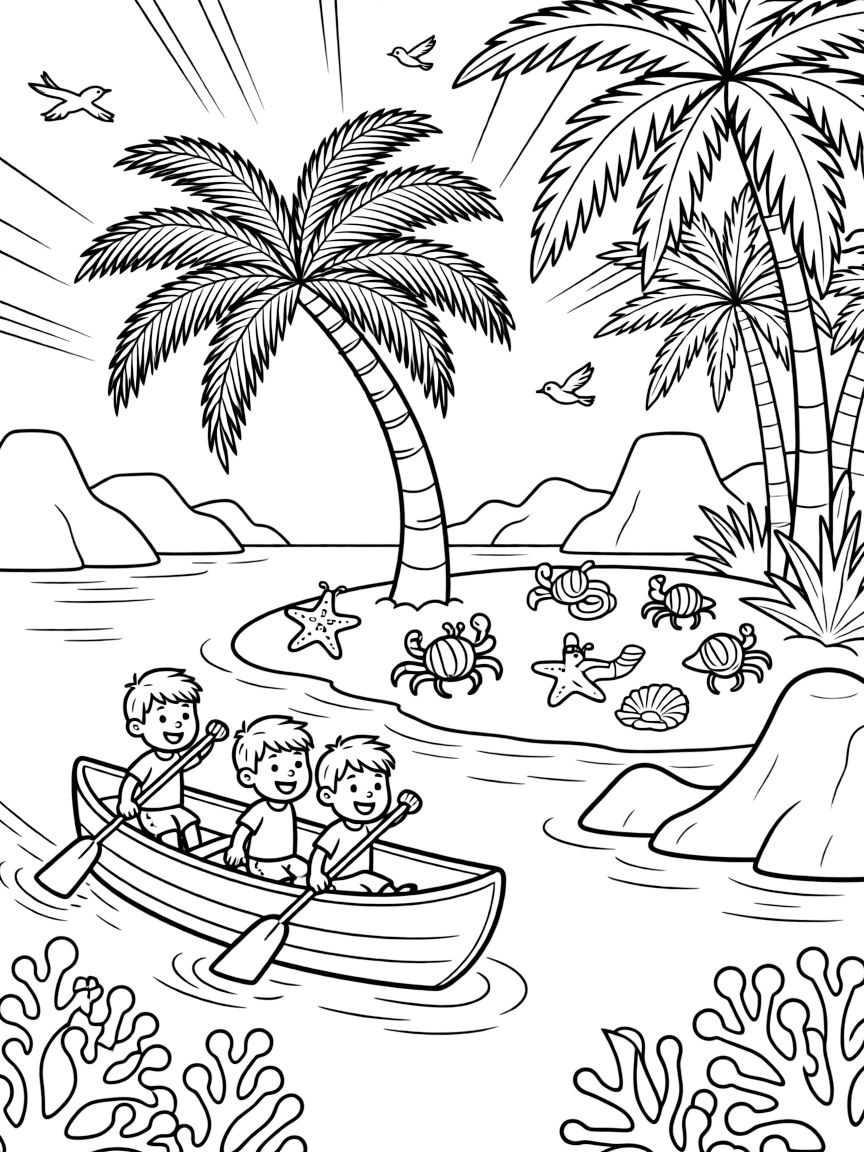 [Tropical Islands] A group of children paddle a small canoe toward a tiny island with a single curved palm tree. Hermit crabs explore a scattering of shells beneath a cluster of leaning palm trees. Coral formations rise beneath the clear water near a cluster of smooth volcanic rocks. Soft morning light glows over the island as birds call from the treetops.