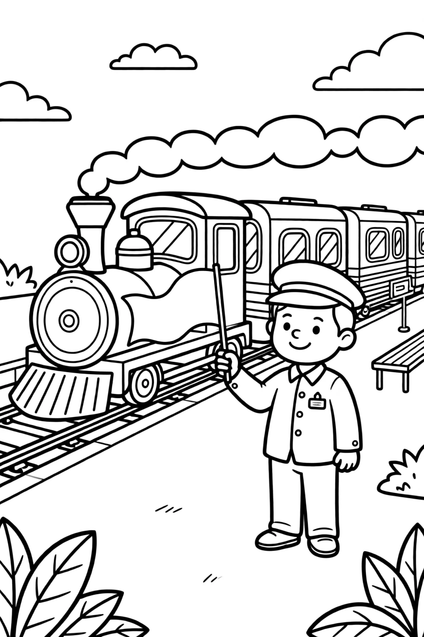 A train conductor waves a green flag as a colorful train pulls out of the station.