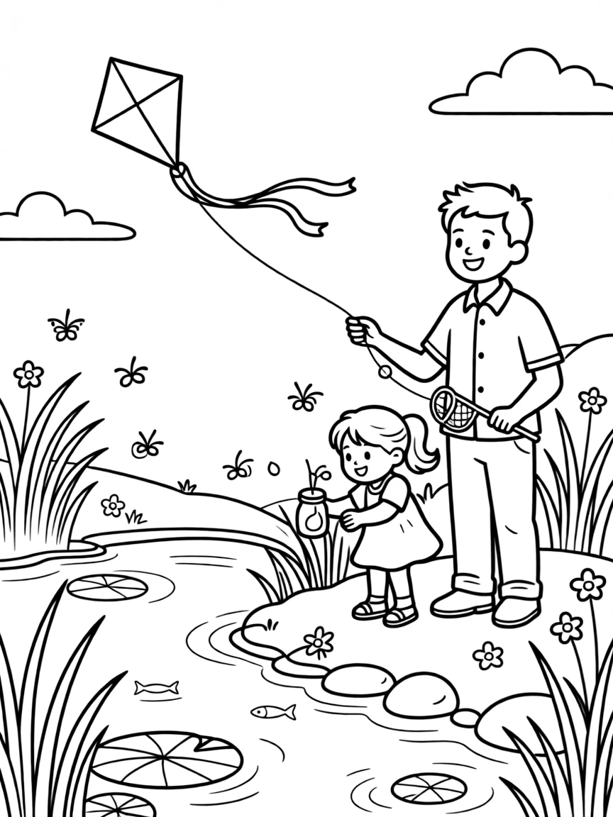 A little sister catching fireflies with a single dad by a small pond with a kite dancing in the wind.