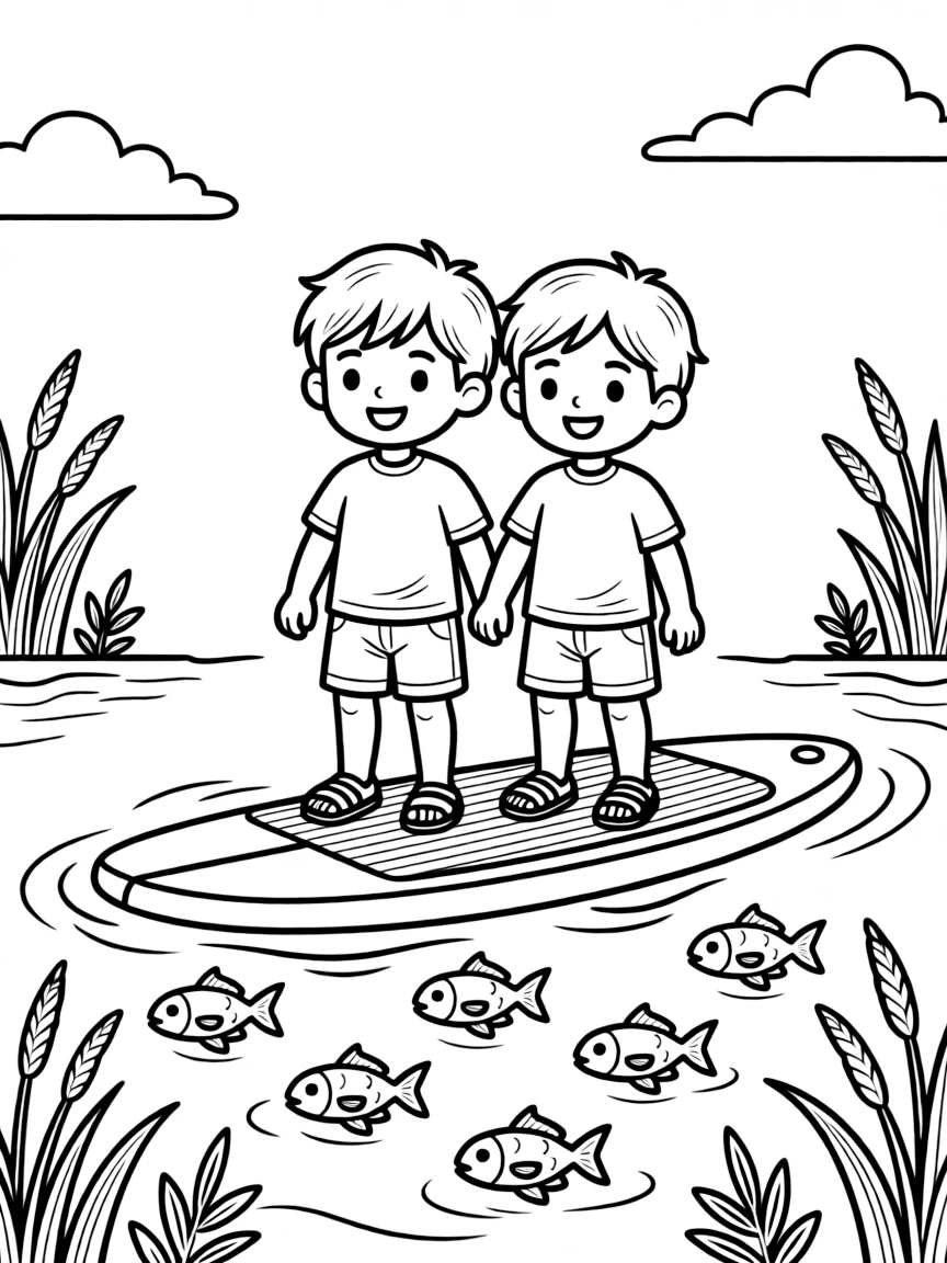 A pair of twin siblings, spotting fish swimming beneath the clear water below the paddleboard.