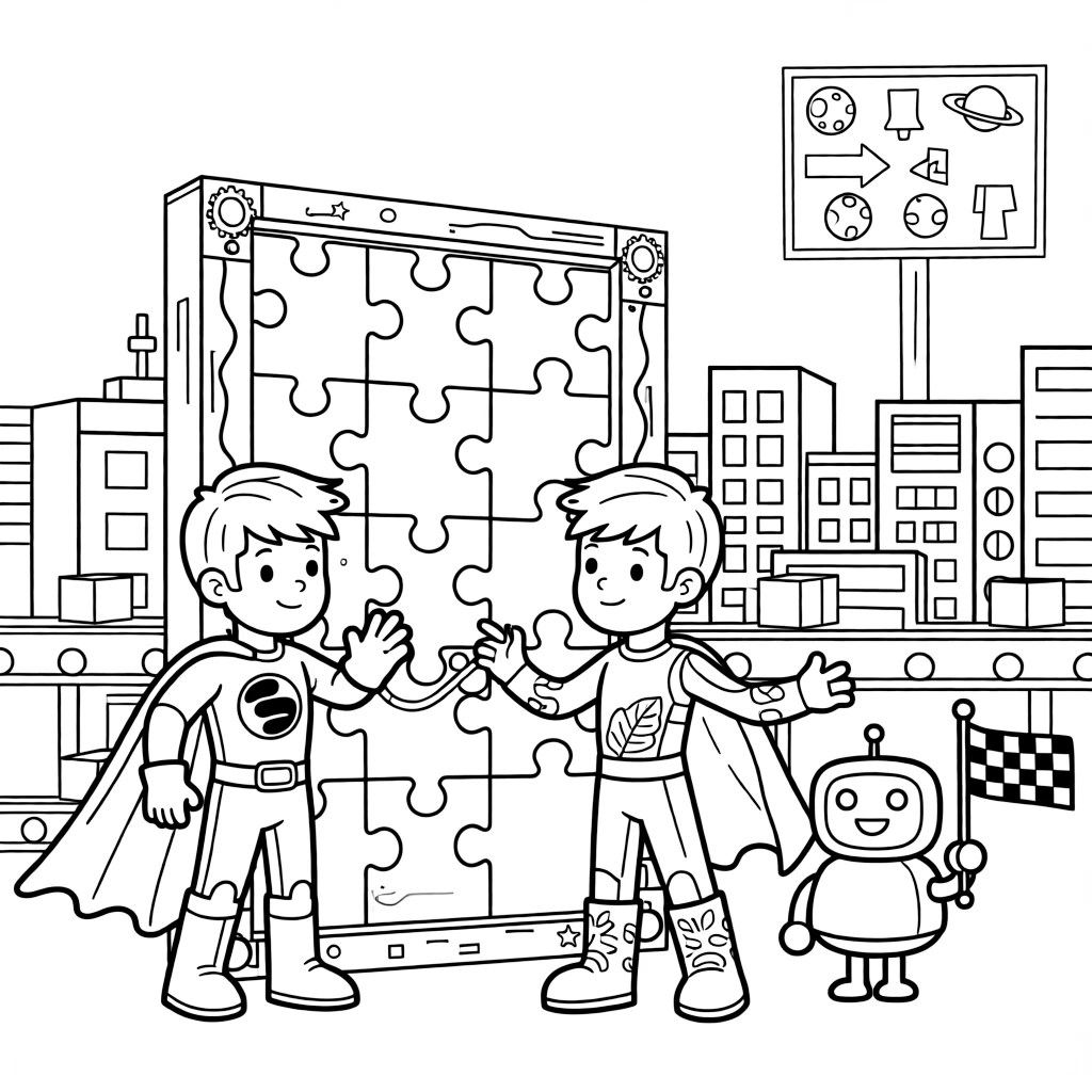 Twin superhero siblings Rex (gravity-bending) and Byte (plant-controlling) solving a giant puzzle door that guards a secret underground base near a bustling robot city with conveyor-belt streets, surrounded by a friendly robot waving a checkered flag and a floating signpost pointing to distant planets.