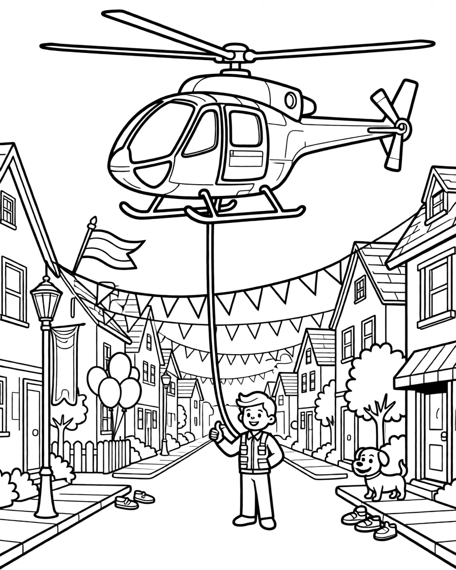 A search-and-rescue helicopter lowering a rope ladder takes center stage in a neighborhood street decorated for a holiday parade, where a smiling paramedic giving a thumbs up can be seen nearby, surrounded by colorful flags fluttering from every corner.