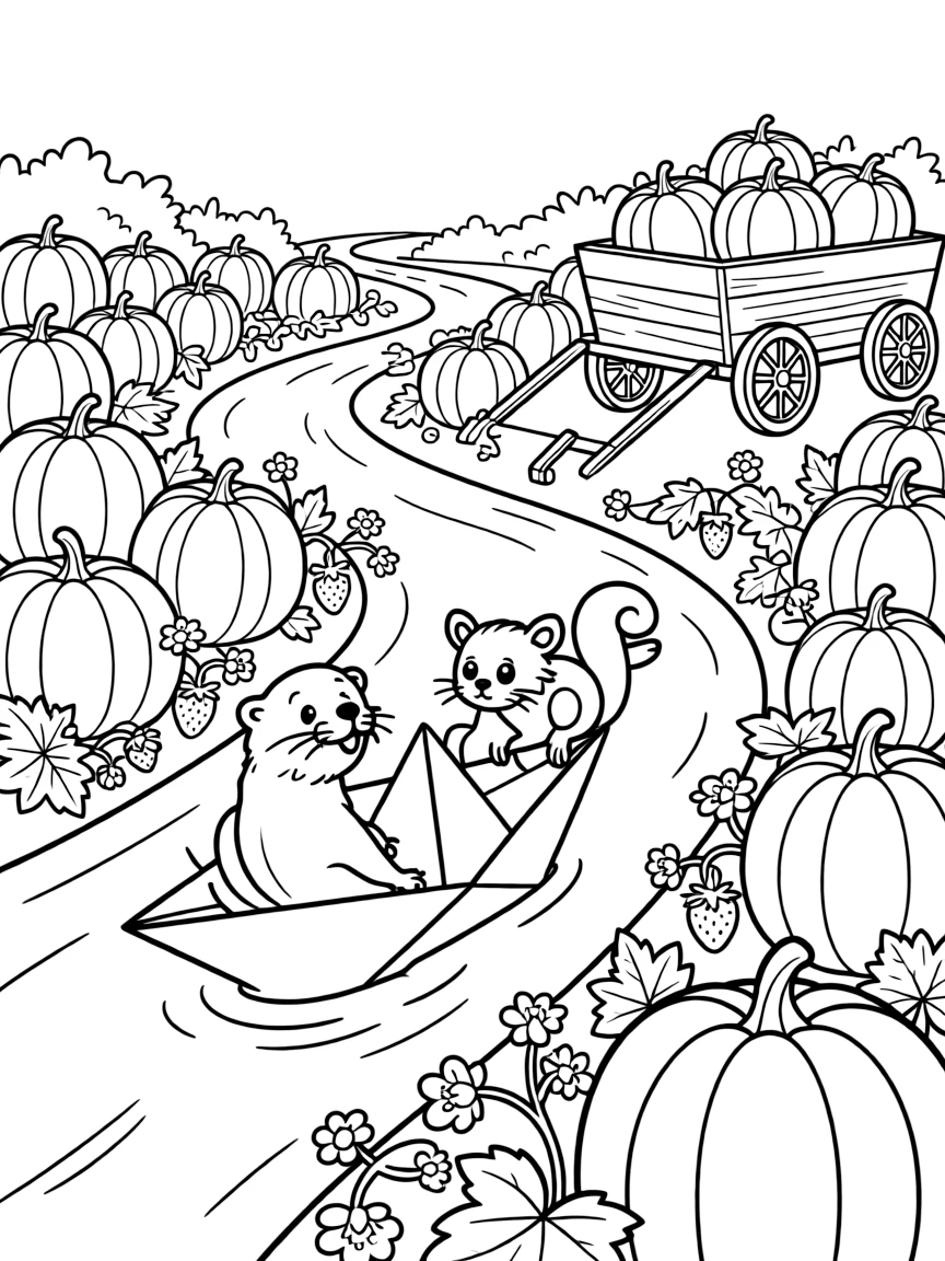 A otter floating paper boats down a stream with a sugar glider in a pumpkin patch in October, near a patch of wild strawberries, with a wagon full of freshly picked pumpkins.