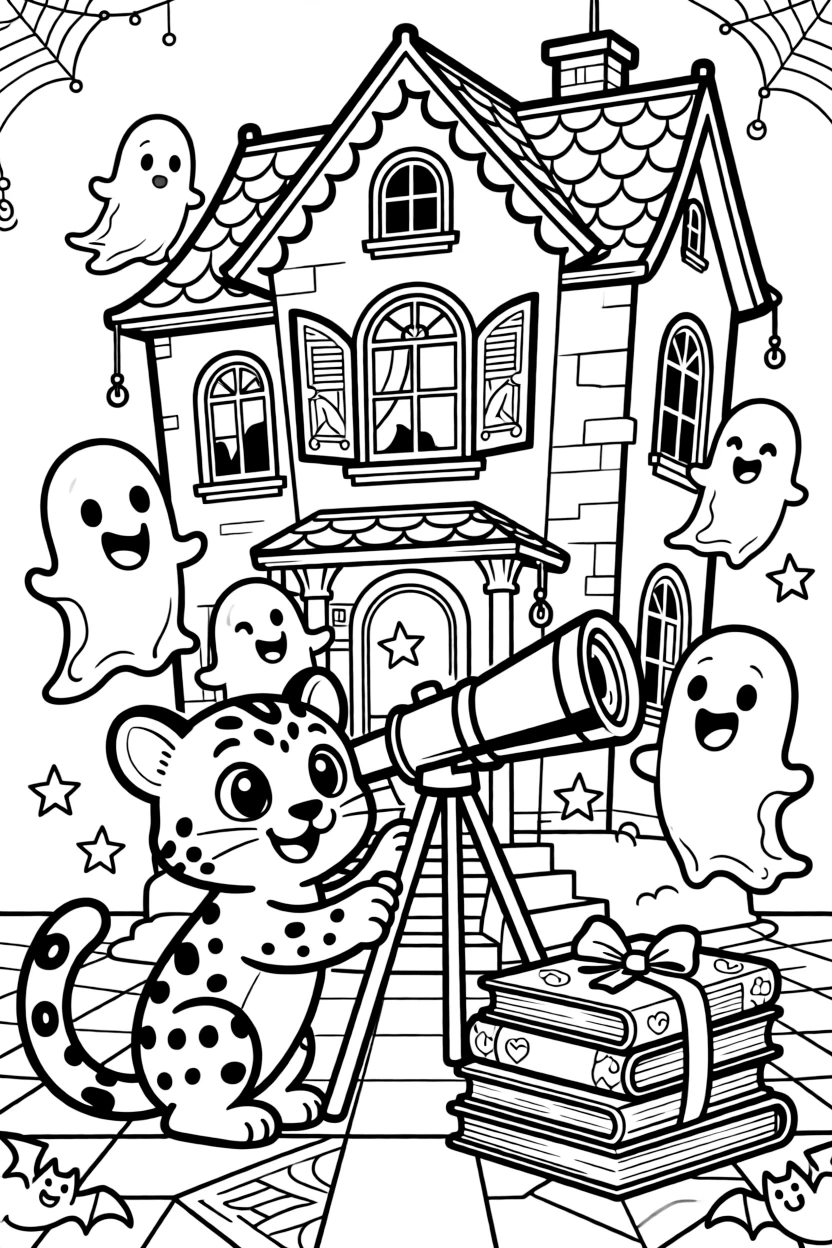 In a friendly haunted mansion full of giggling ghosts, a chirpy snow leopard cub discovers the joy of stargazing through a giant telescope, while a stack of picture books tied with ribbon watches happily nearby. It's shaping up to be the happiest day in the whole kingdom.