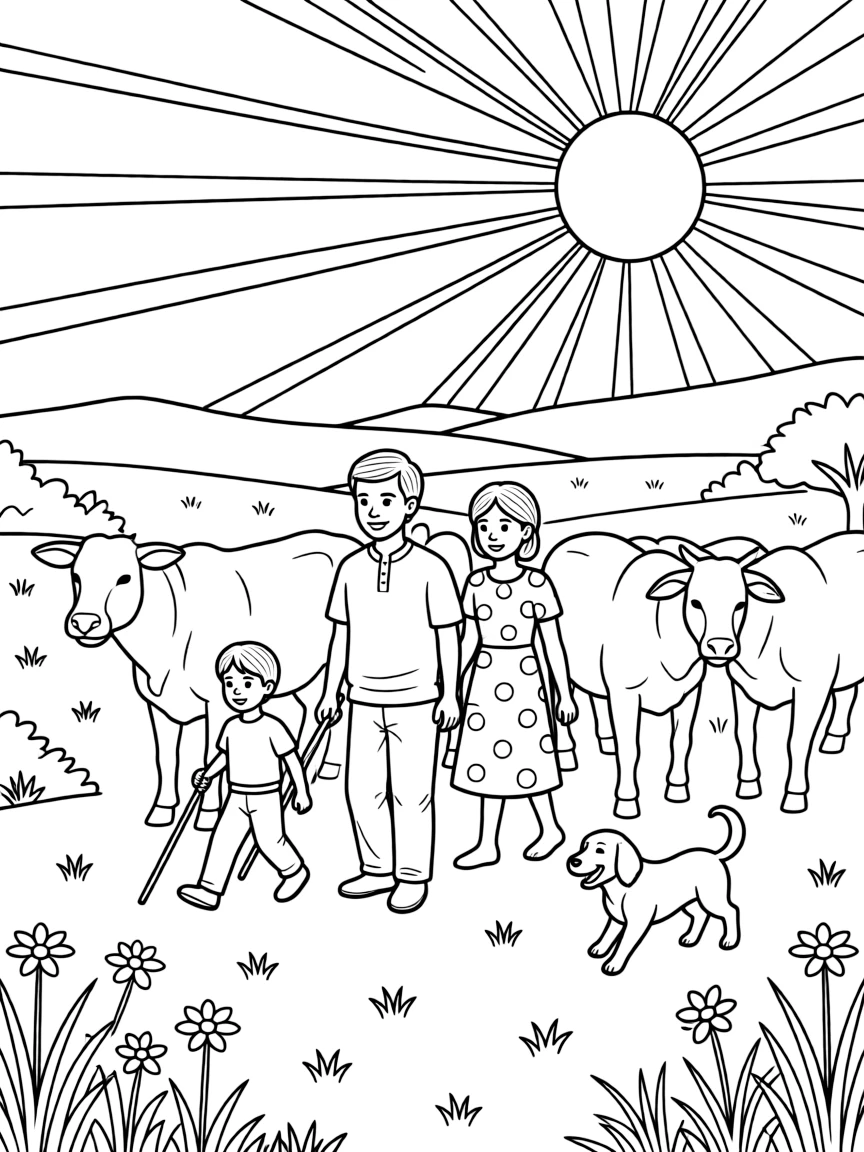 A coloring page capturing everyday life in Kenya: a family herding cattle across the grassy plains, with a loyal pet nearby and a warm sun shining overhead.