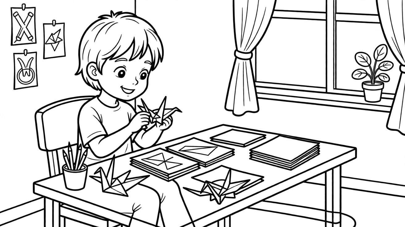 a bright-eyed small child folds a paper crane during an origami lesson at a low table.