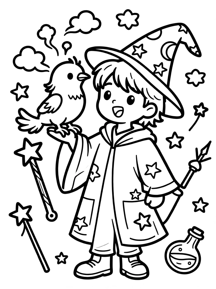 A baby phoenix perches on a wizard's shoulder, occasionally hiccupping tiny puffs of harmless colorful smoke.