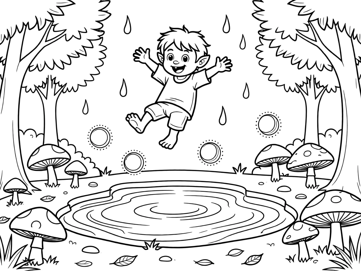 [Fantasy Creatures] a friendly forest troll soaring above a magical forest beside a sparkling magical pond, laughing joyfully. Nearby, mushrooms of every size dot the ground. Glowing light spots dot the forest floor. The scene is captured on a crisp autumn afternoon, with a light drizzle just ending, giving the page a lively and adventurous feel that invites plenty of colorful detail.