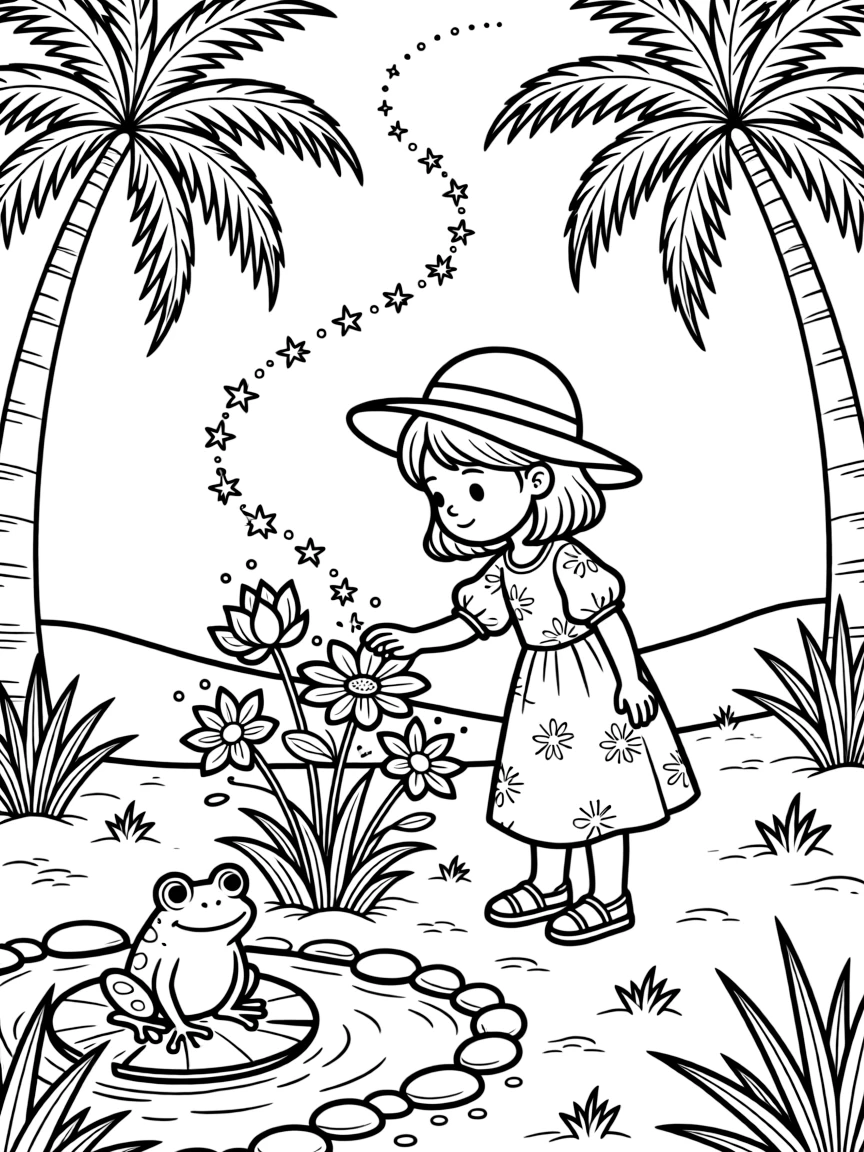 A girl in a wide sunhat is tending a garden of glowing enchanted flowers at a desert oasis ringed with palm trees. All around, a friendly frog perched on a lily pad and a trail of glittering fairy dust complete the joyful scene.