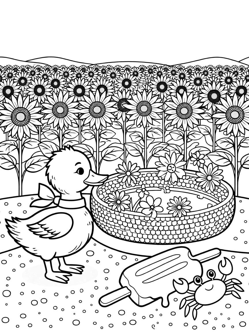 A waddling duckling admiring a float covered in sequins and flowers in a sunflower field stretching toward the horizon, near a popsicle melting in the sun and a friendly crab scuttling in the sand.