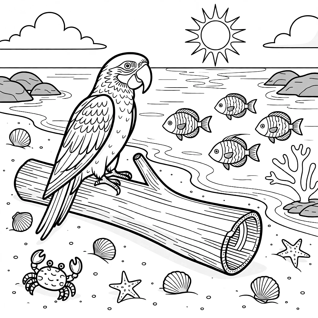 [Tropical Islands] A colorful parrot perches on a driftwood log, surrounded by scattered seashells and starfish. Tropical fish dart through the shallow water while a crab scuttles across the sand nearby. Coral formations rise beneath the clear water near a cluster of smooth volcanic rocks. Bright sunshine sparkles across the turquoise water beneath a sky full of fluffy clouds.