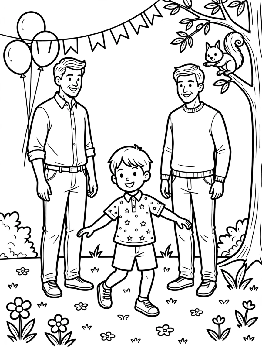 A small boy twirling in a new outfit during a baby shower celebration with two dads while a squirrel peeks from a branch.