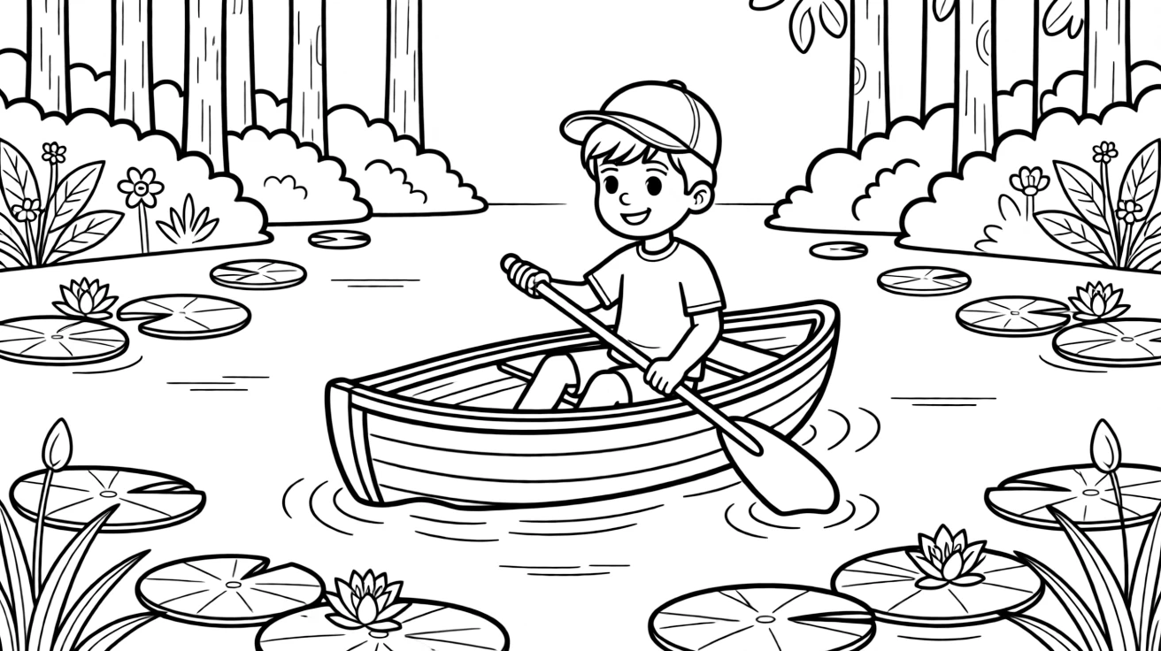 A confident boy wearing a bright cap, paddling through a group of lily pads on a quiet forest lake.