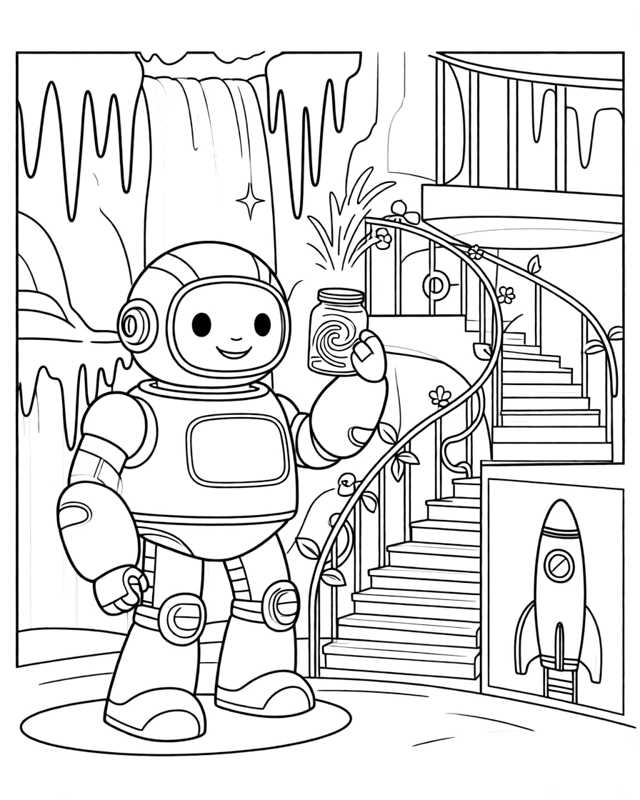 Young pilot Zinnia riding inside the friendly giant mech Thunderbot capturing a wild burst of aurora light in a jar for the science lab near a frozen waterfall planet with rainbow-colored ice, surrounded by a spiral staircase wrapped in glowing vines and a mural of a rocket ship painted on a nearby wall.