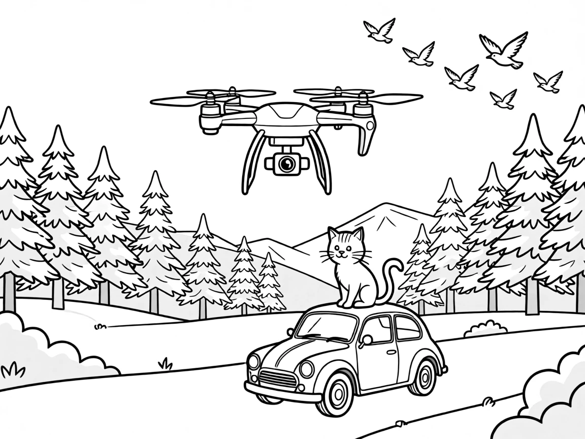 A buzzing camera drone hovering over a park takes center stage in a snowy mountain pass with pine trees dusted in white, where a curious cat perched on the hood can be seen nearby, surrounded by a flock of birds flying alongside in formation.