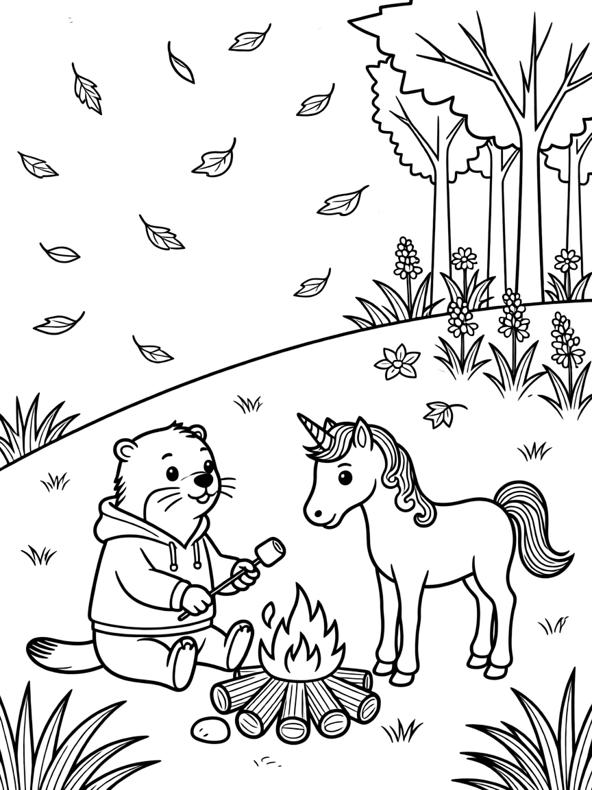 A otter roasting marshmallows by a campfire with a unicorn foal at the top of a windy hill, near a bluebell woodland, as autumn leaves swirl in the wind.