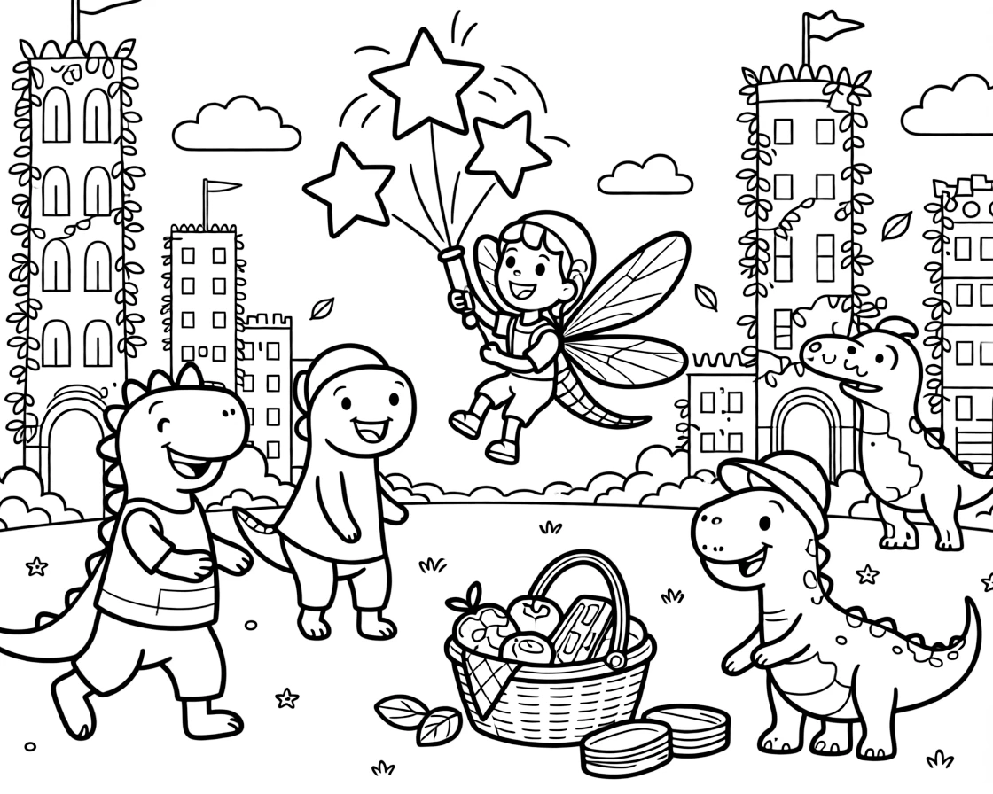 Sparkly and full of excitement, a dragonfly pilot spends the day juggling glowing stars pulled from a sack in a bustling dinosaur city with vine-covered towers. Nearby, a picnic basket overflowing with treats adds to the fun. Warm smiles and happy cheers fill the scene.