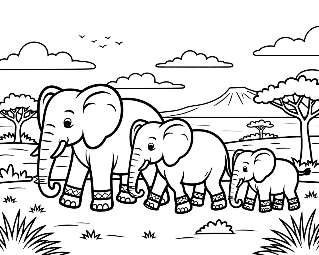 A coloring page of a family of elephants walking across the savanna at sunset in Kenya, set against a scenic backdrop with soft clouds and a distant mountain or shoreline.