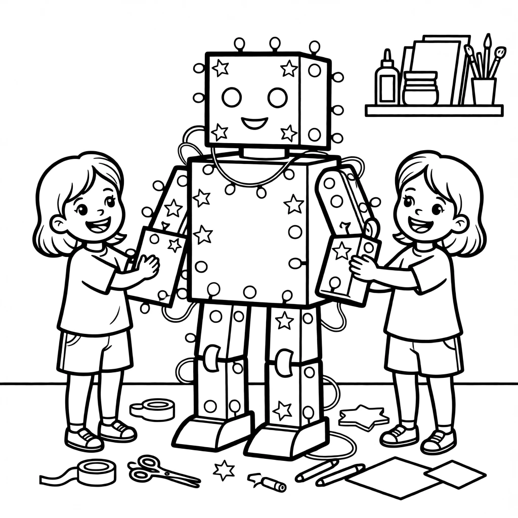 giggling twin sisters build a cardboard robot costume covered in blinking paper lights.