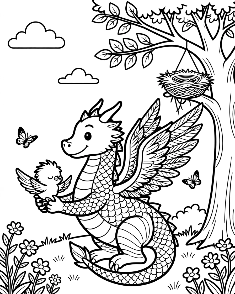 A dragon carefully carries a fallen baby bird back to its nest high in a cliffside tree, wings beating gently.