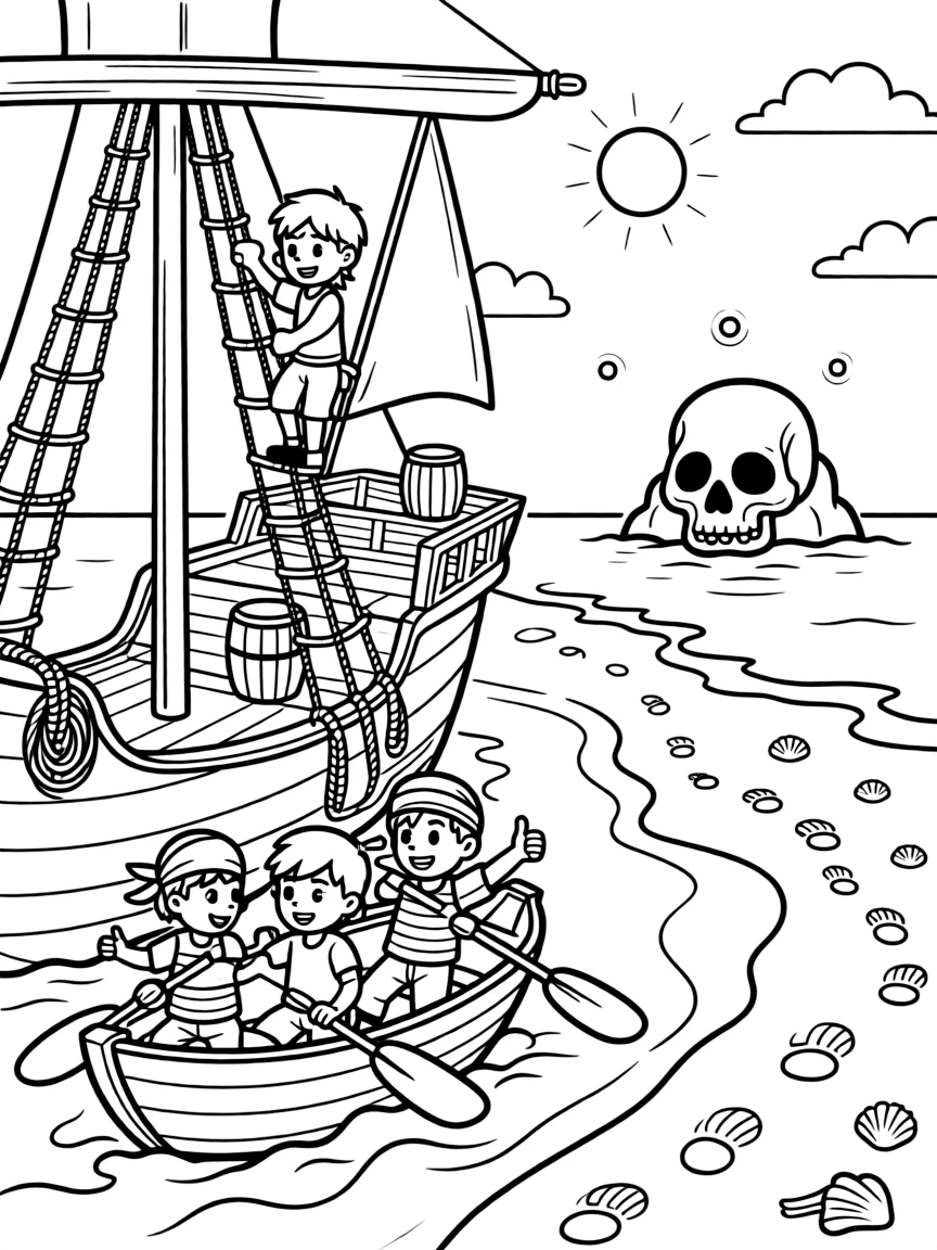 [Pirates] a pirate crew rowing a small boat climbing the rigging of a tall ship on the deck of a pirate ship, giving a confident thumbs-up, while a skull-shaped rock formation rises from the sea fills the surrounding area. Footprints lead across the sandy beach. Set during a bright summer day, with fireflies beginning to glow, the page bursts with adventure and imagination.