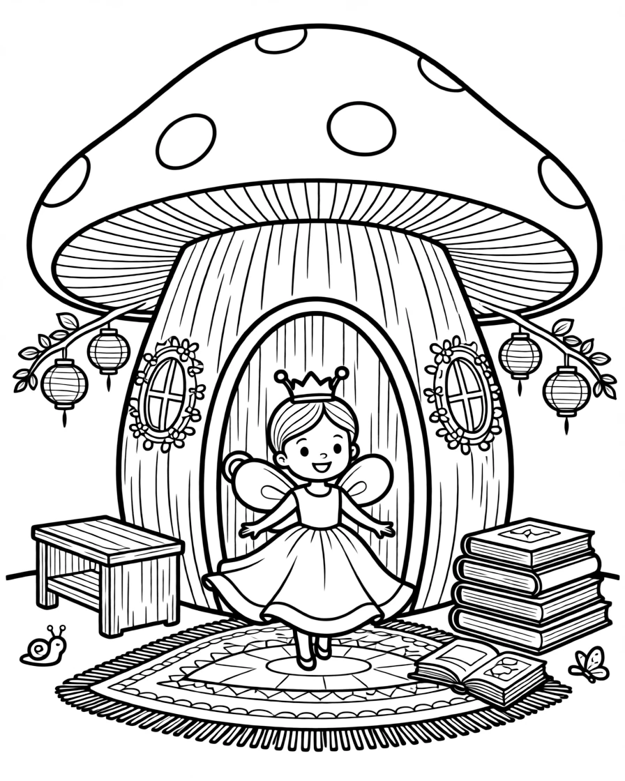 A girl dressed as a queen bee for a spring parade is twirling happily in a spinning dress inside a gnome's cozy mushroom-shaped cottage. Scattered nearby, a stack of well-loved picture books nearby and paper lanterns hanging from low branches bring the scene to life.