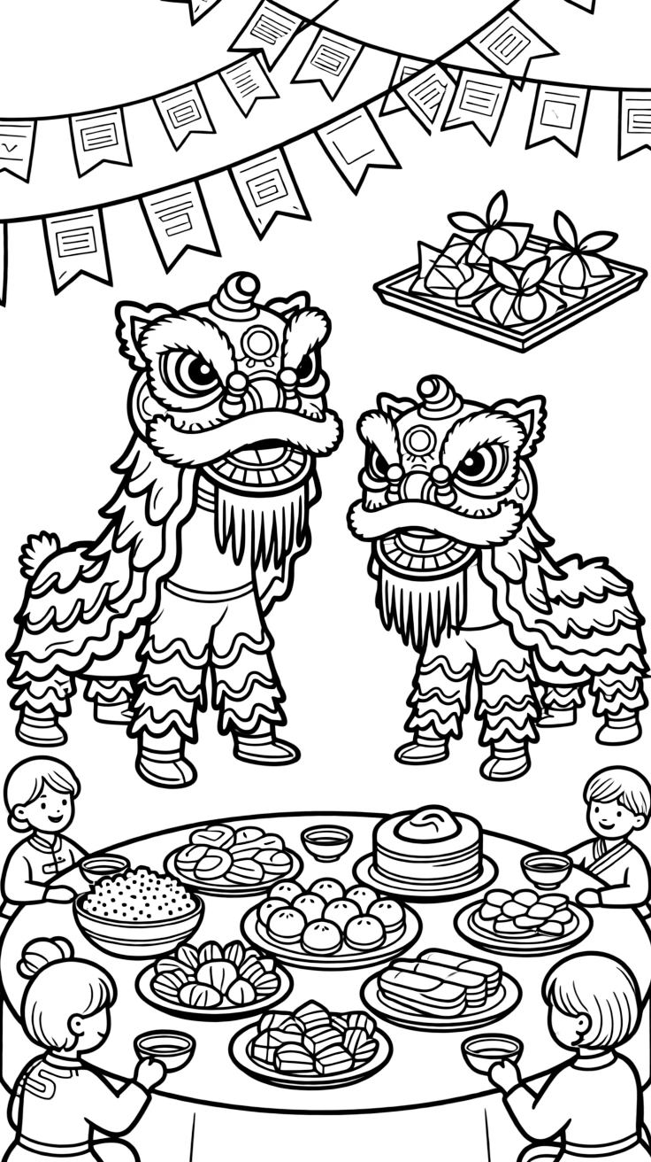 A close-up of a pair of paper lion dancers at a family gathering around a table full of special dishes, surrounded by strings of fluttering prayer flags and a tray of sweets wrapped in colorful paper.