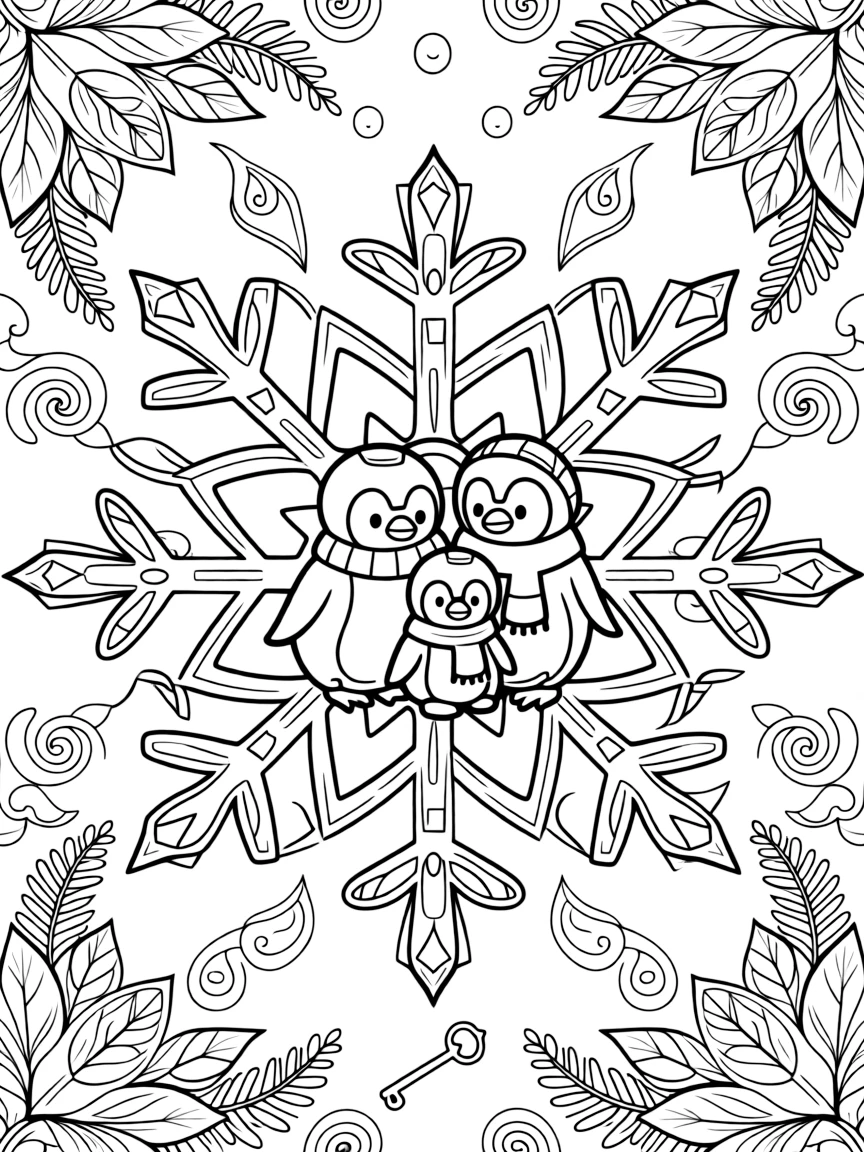 Arctic & Polar Animals: The page presents a small themed scene built around a penguin family standing in a huddle, tied together by a snowflake-shaped mandala with six symmetrical arms. The scene is set within a framed scene where every element on one side is echoed by a twin on the opposite side. Decorative details fill the surrounding space, including layered leaf clusters, curling paisley teardrops, and curling fern-frond shapes woven throughout the background. A playful extra touch completes the page: a small key shape tucked discreetly among the pattern details.