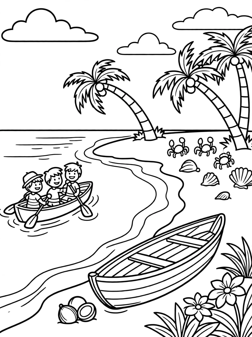 [Tropical Islands] A group of children paddle a small canoe toward a tiny island with a single curved palm tree. Hermit crabs explore a scattering of shells beneath a cluster of leaning palm trees. A wooden rowboat rests on the sand beside a pile of coconuts and tropical flowers. Clear blue skies stretch above the lagoon as gentle waves roll onto the shore.