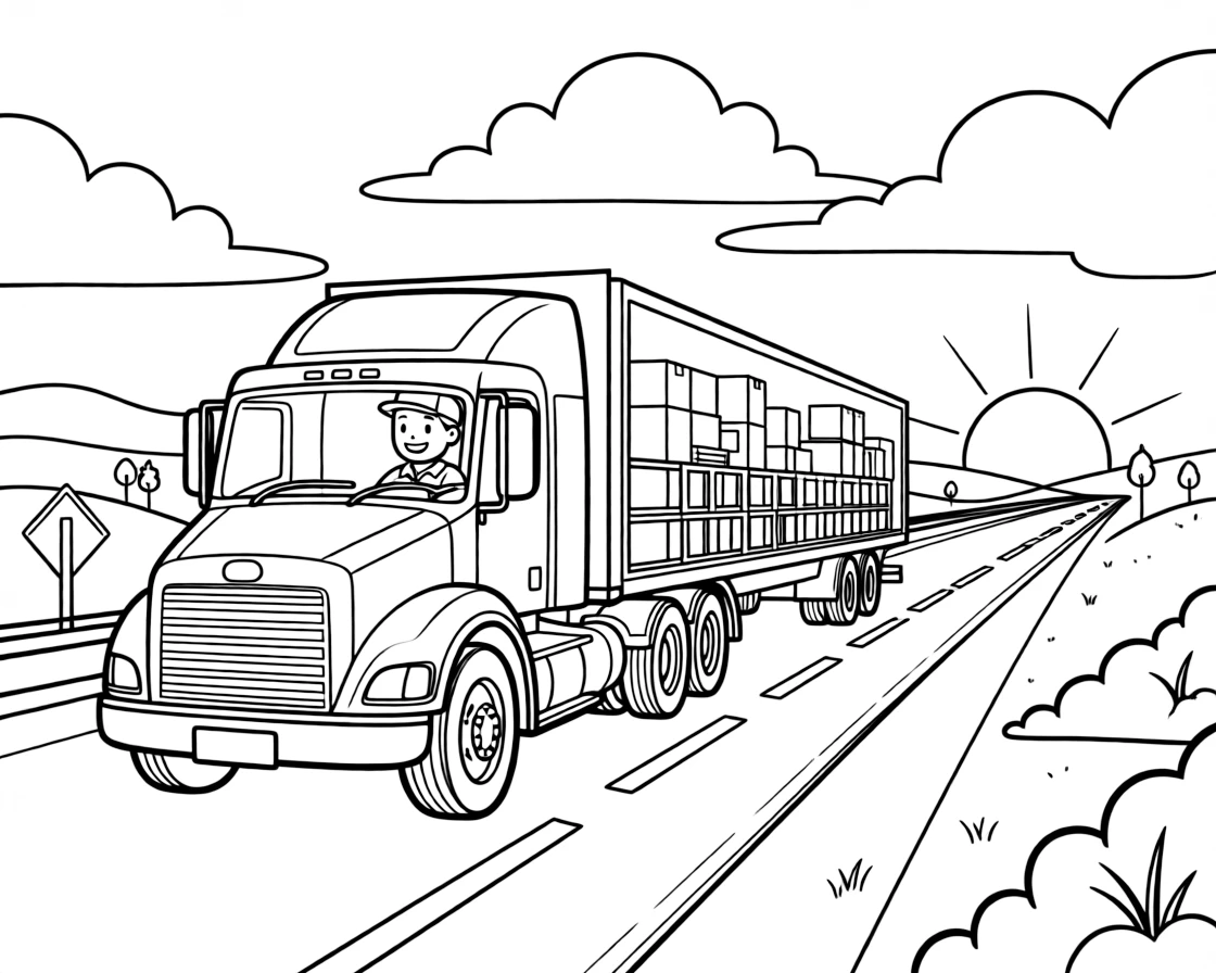 A truck driver hauls a load of goods down a highway at sunset.