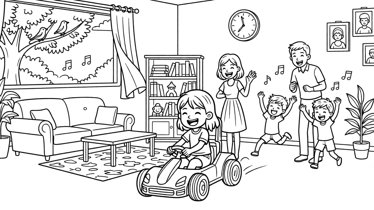 A tall girl racing a go-kart with a foster family in a cozy living room as birds chirp in a nearby tree.