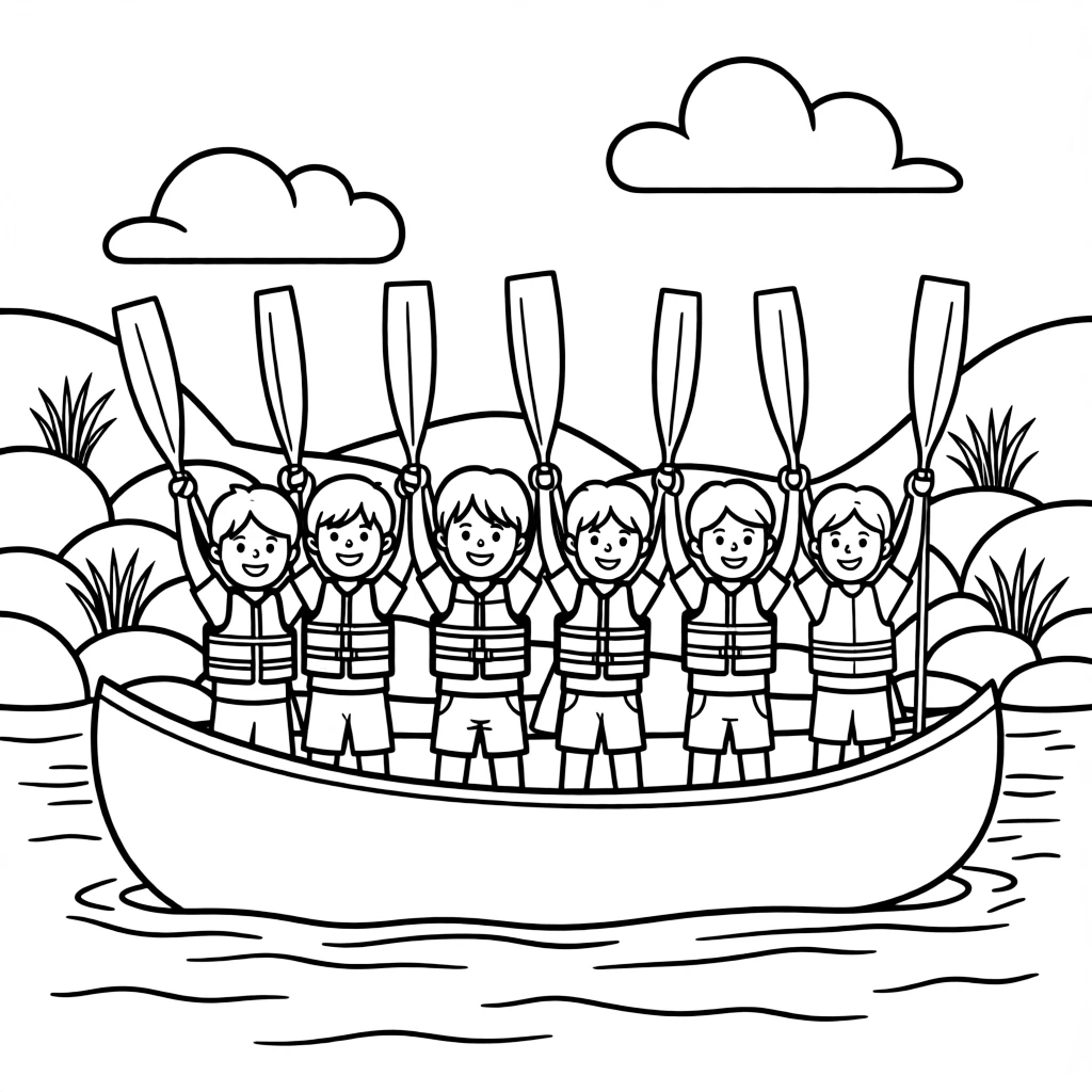 A group of classmates, standing tall and confident, paddle raised, gliding past a rocky shoreline.