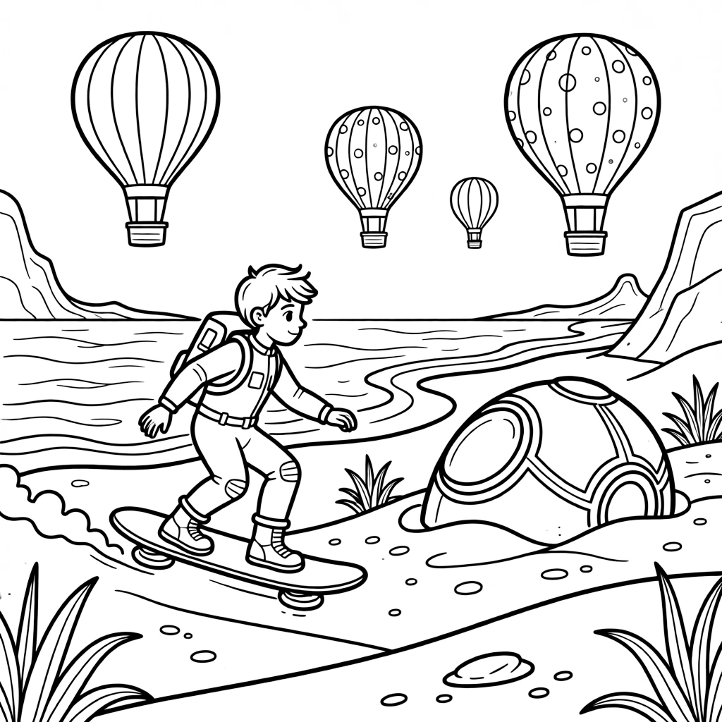 In a beach on a red planet with waves of shimmering dust, pilot Sable zooming along on a gravity board exploring a shipwrecked space capsule buried in sand dunes, while colorful hot-air balloons drifting overhead adds to the excitement.