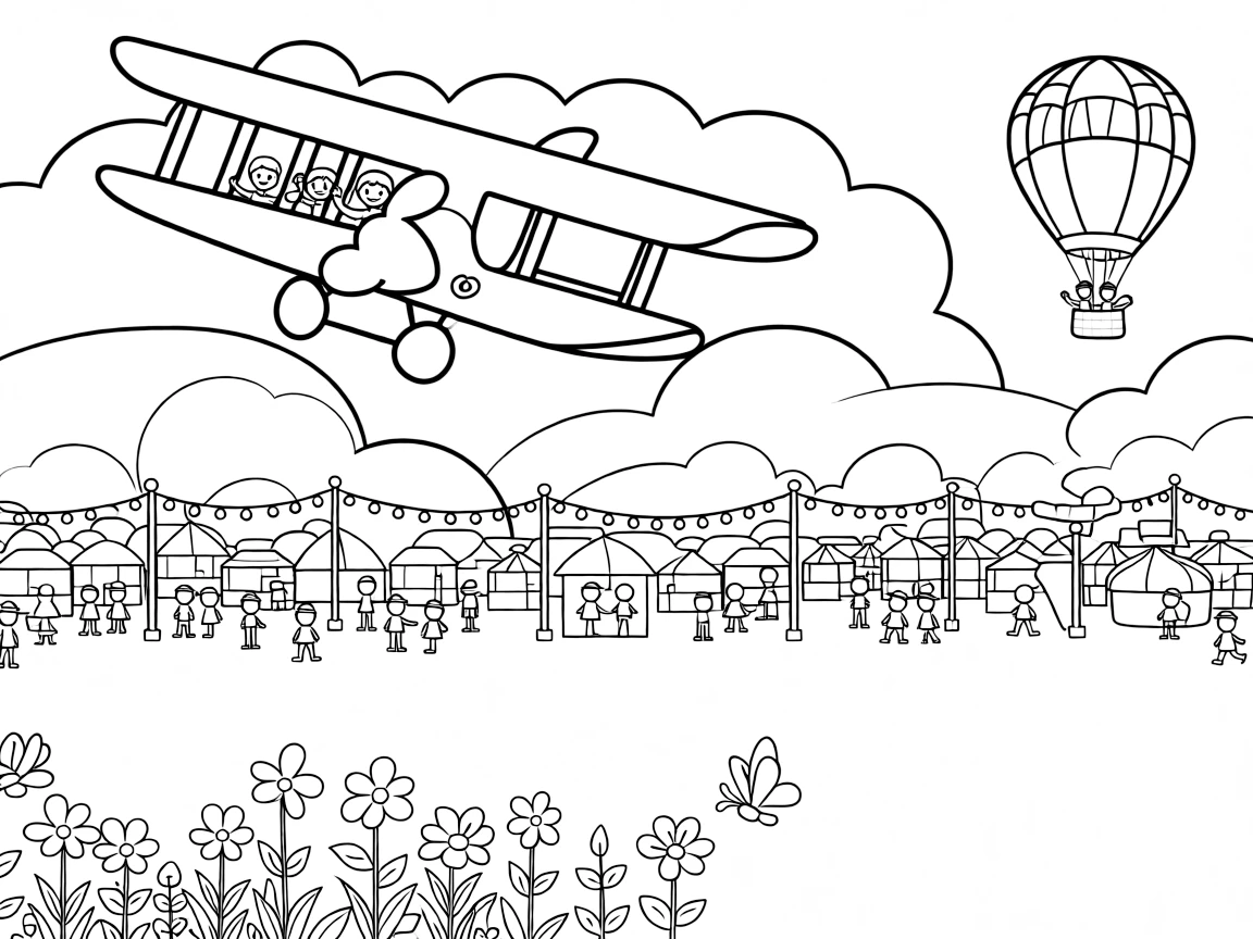 A coloring page featuring a two-winged biplane looping through fluffy clouds, traveling through a festival ground lit up with strings of colorful lights, with a group of cheerful kids waving from the windows and a hot air balloon floating in the distance and butterflies fluttering near a patch of wildflowers filling the scene.