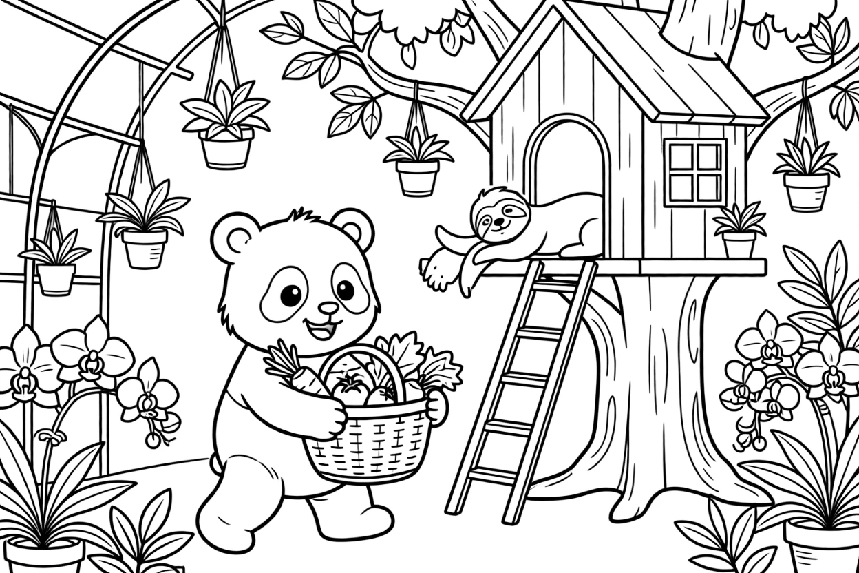 A panda cub carrying a basket of vegetables with a sloth in a treehouse among the branches, near a orchid greenhouse.