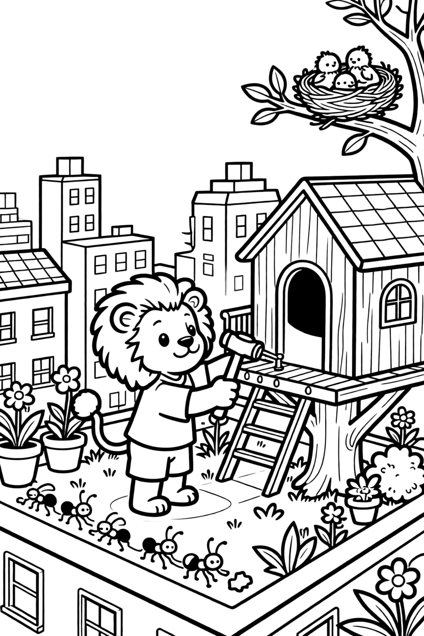 A pint-sized circus lion cub is building a treehouse with hammer and nails on a rooftop garden overlooking a busy toy-block city, joined by a line of ants carrying a picnic crumb and a nest of sleepy baby birds. It's a perfectly wonderful, magical moment.