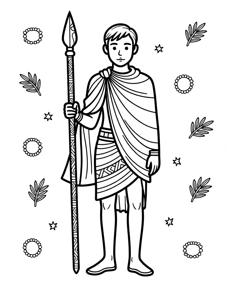 A coloring page highlighting a beloved cultural symbol from Kenya: a Maasai warrior standing tall holding a decorated spear, displayed proudly with small decorative flourishes around it.